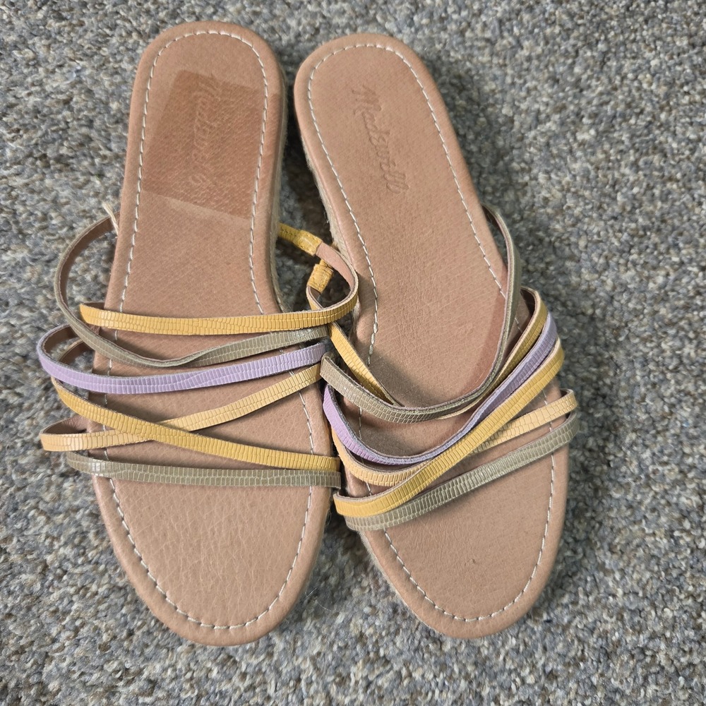 Madewell Women Multi Strap Leather Slide Sandals Lavender Ochre Flat Jute Trim 8